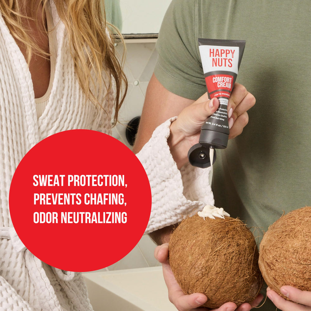 Happy Nuts Comfort Cream Deodorant texture demonstrates lotion-to-powder protection.