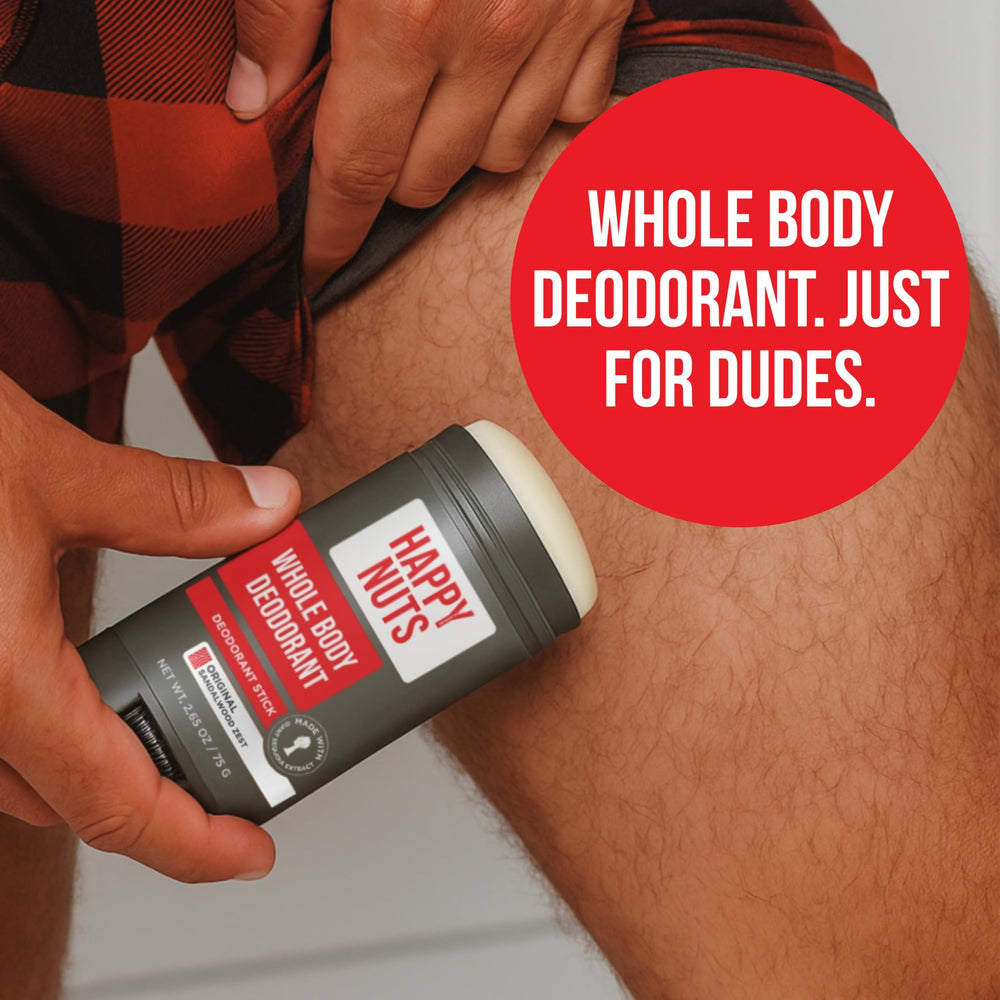 Happy Nuts deodorant bottle with easy pump for quick daily use.