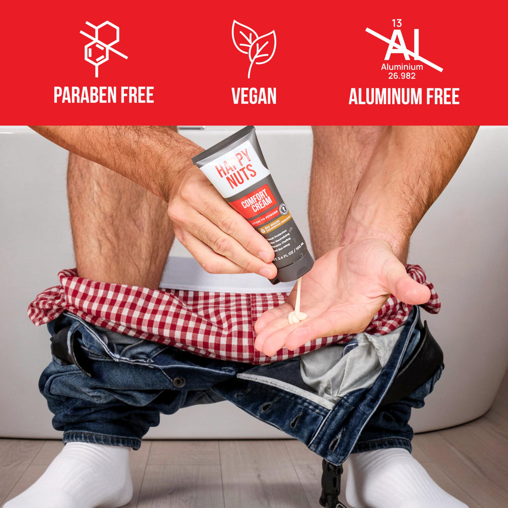Happy Nuts dermatologist-tested, vegan, gluten-free deodorant label on product.