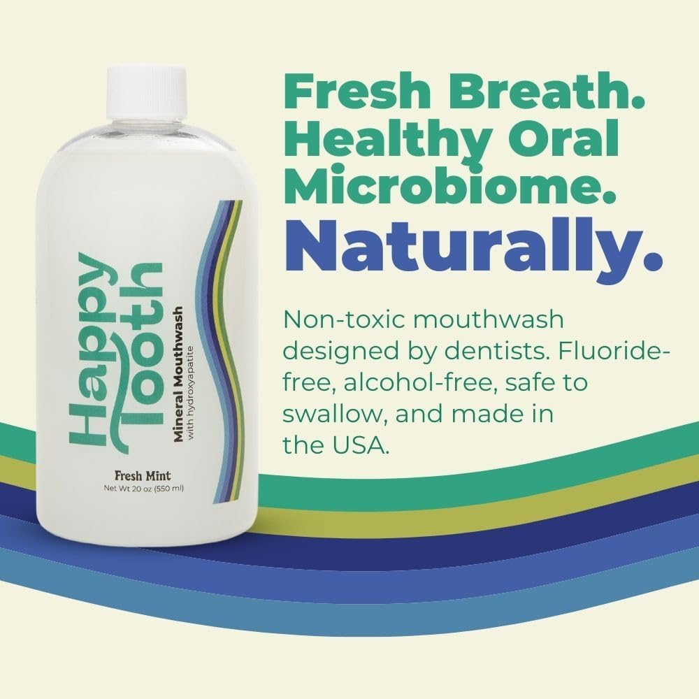 Happy Tooth mouthwash bottle label close-up emphasizes fluoride-free remineralization for families