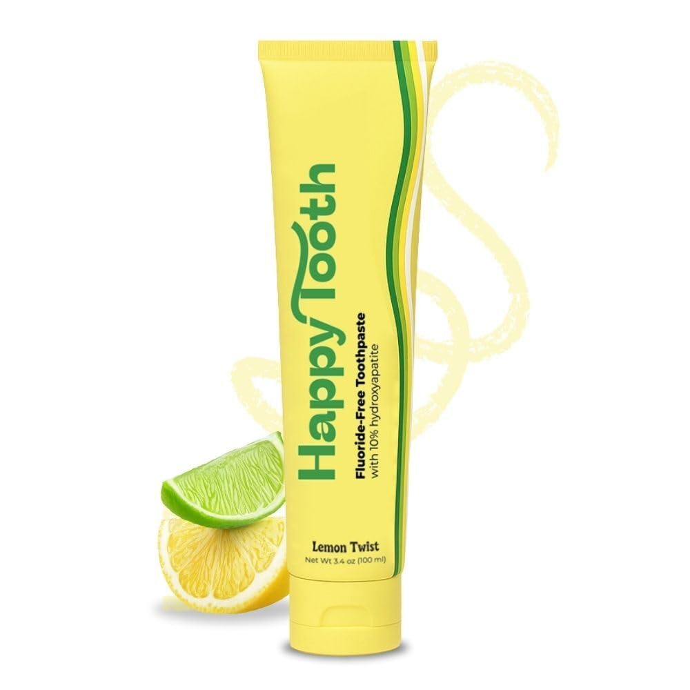 Happy Tooth toothpaste bottle with lemon twist for enamel care.