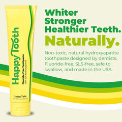 Close-up of Happy Tooth toothpaste tube highlighting lemon twist flavor.