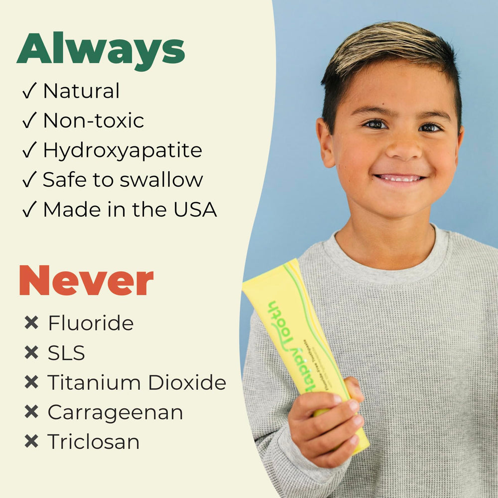 Child brushing with Happy Tooth lemon twist toothpaste.