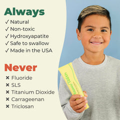 Child brushing with Happy Tooth lemon twist toothpaste.