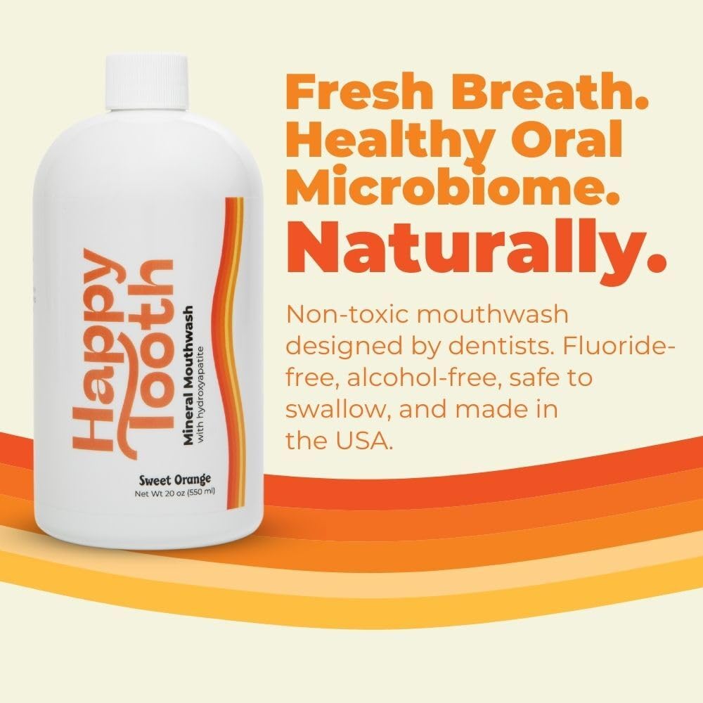 Happy Tooth mouthwash cap closeup showing a gentle fluoride-free formula for sensitive mouths.