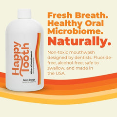 Happy Tooth mouthwash cap closeup showing a gentle fluoride-free formula for sensitive mouths.