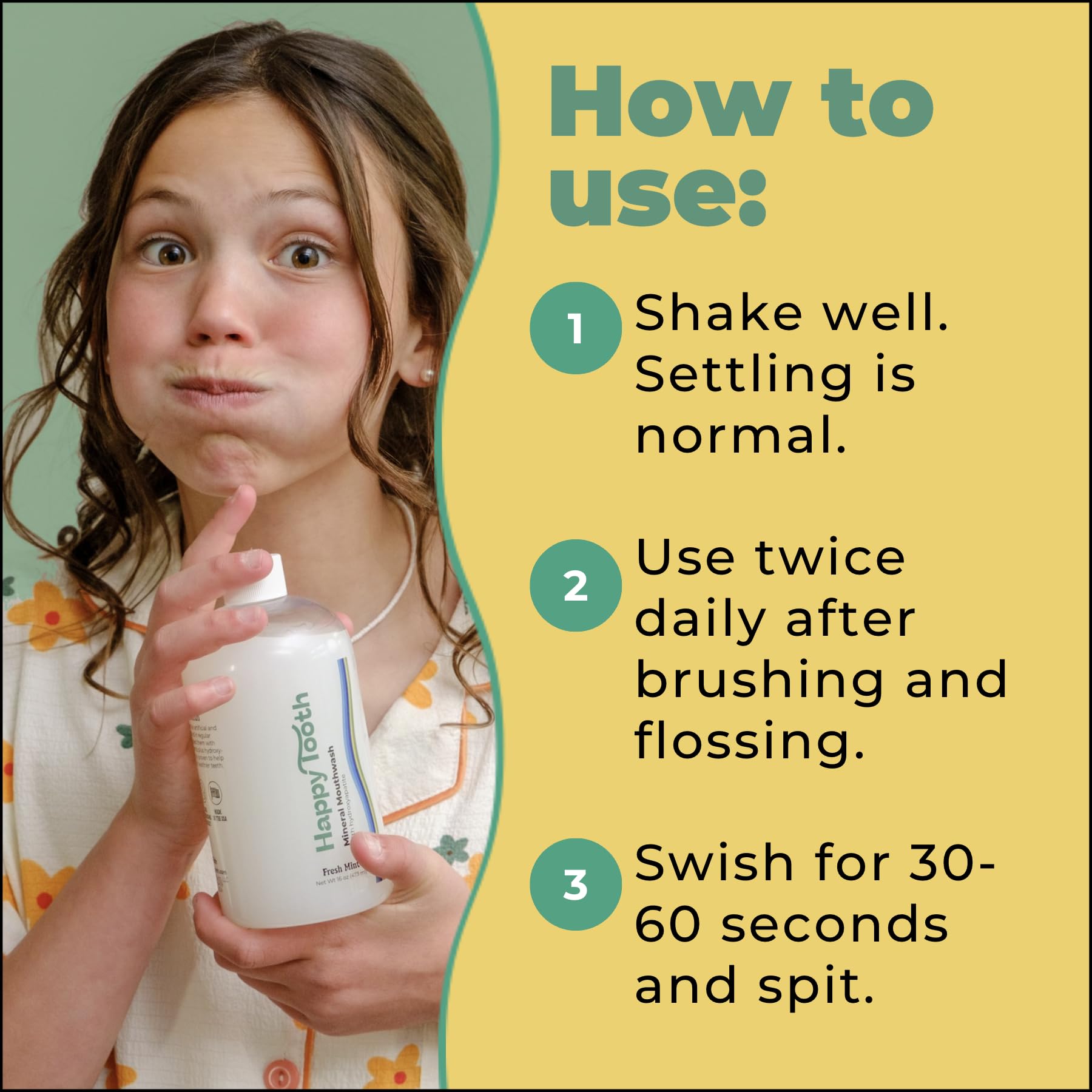 Happy Tooth mouthwash ingredients list closeup noting hydroxyapatite and plant extracts.