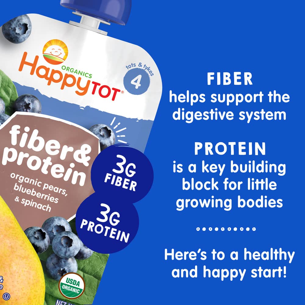 Happy Tot vegan snack pouches with fiber and protein for busy days.