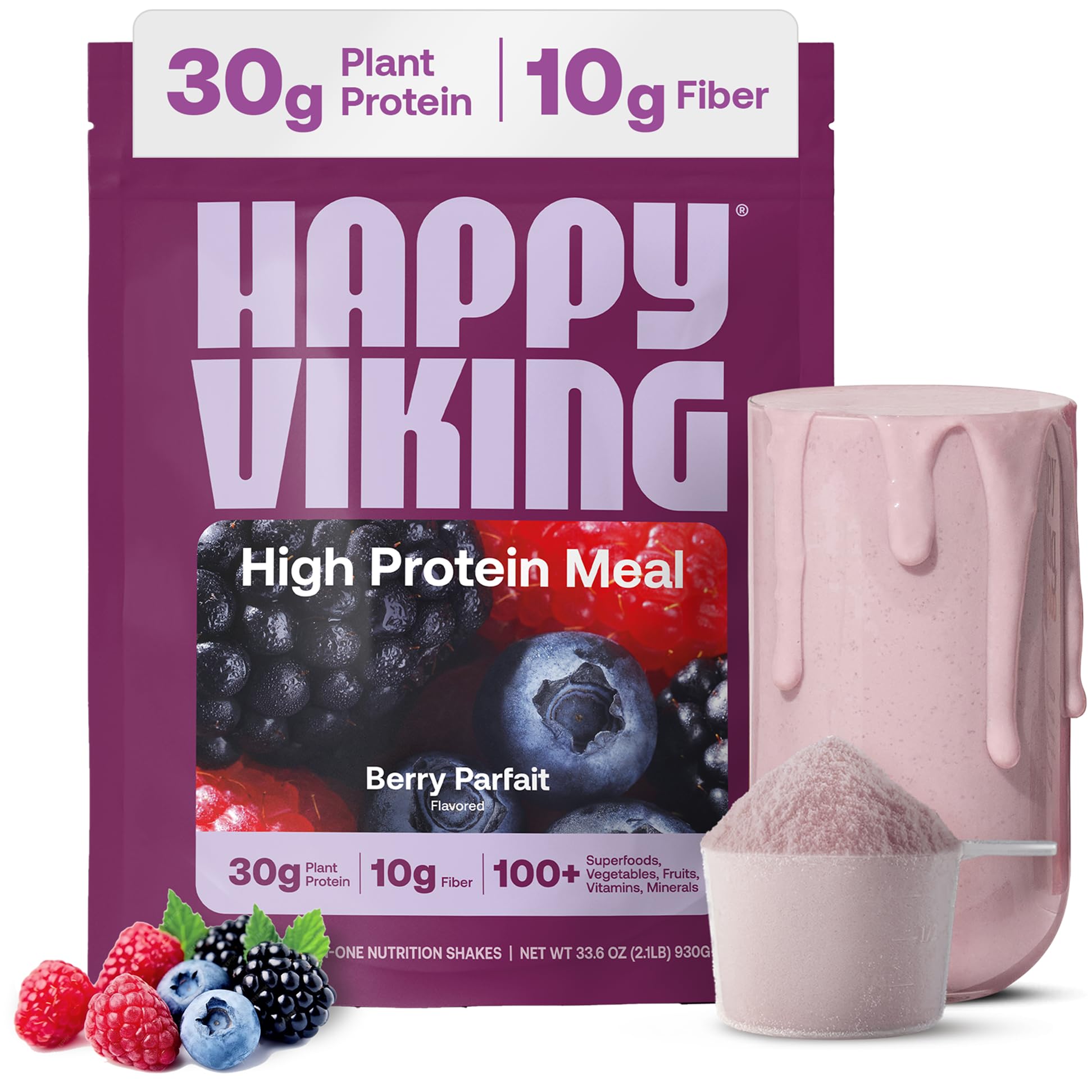 Happy Viking Berry Parfait protein powder scoop beside berries for balanced energy.
