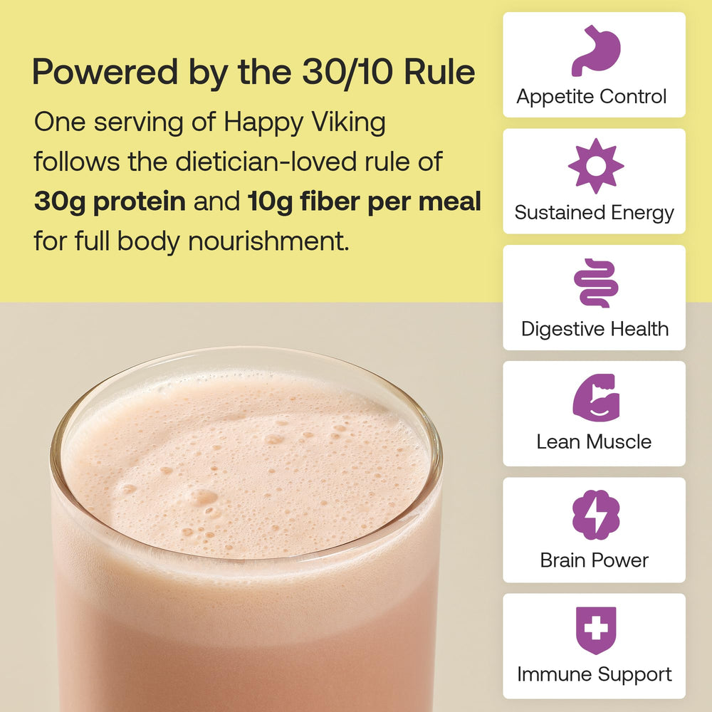 Happy Viking digestive wellness probiotics shown with berries and smoothie.