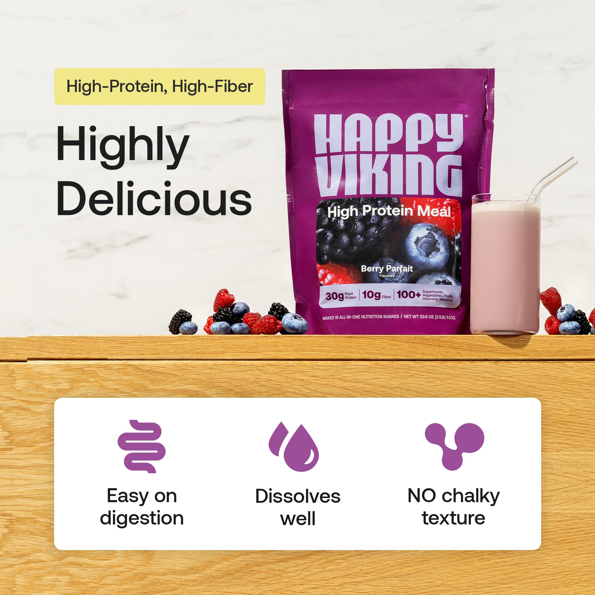 Happy Viking plant-based protein blend shown in a scoop with oats.