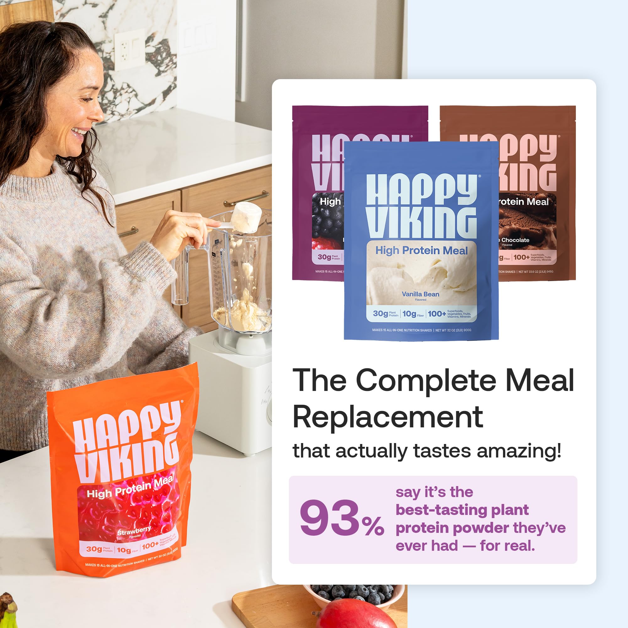 Happy Viking plant-based powder mixed in shakes provides sustained energy for workouts.