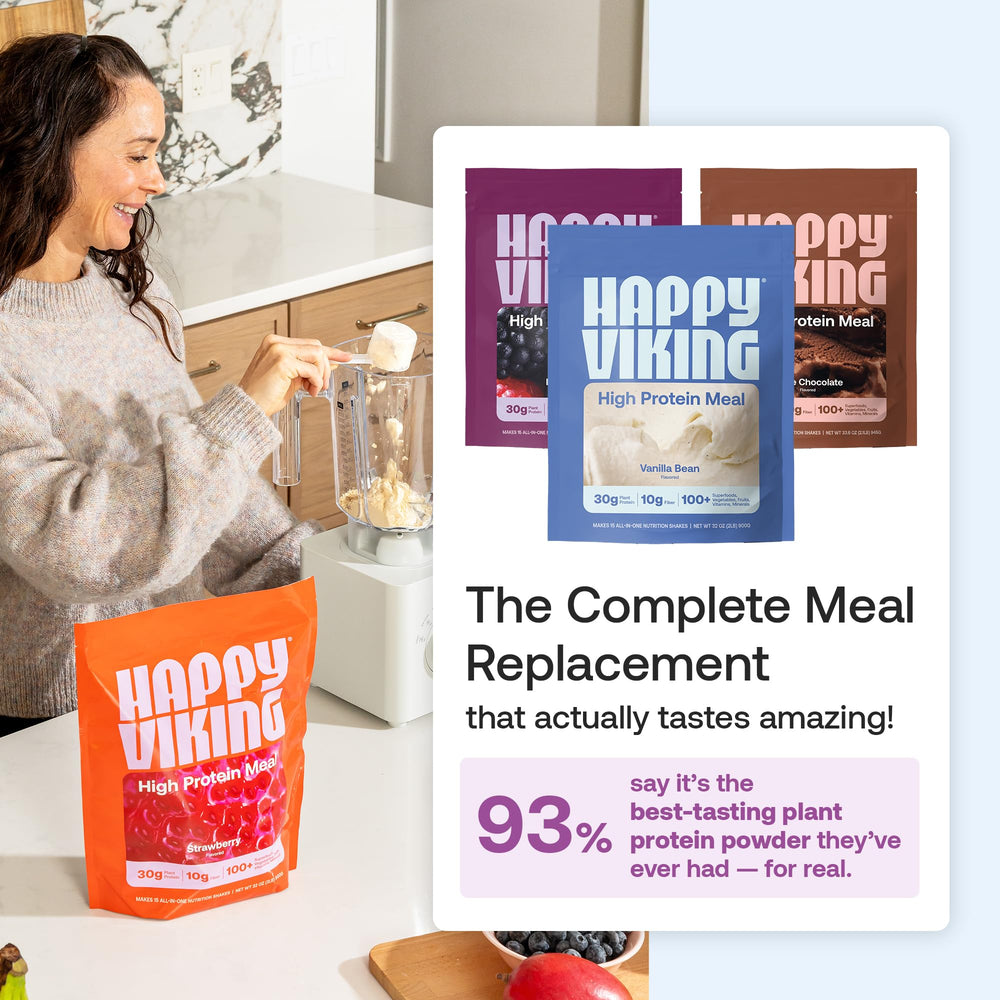 Happy Viking plant-based powder mixed in shakes provides sustained energy for workouts.