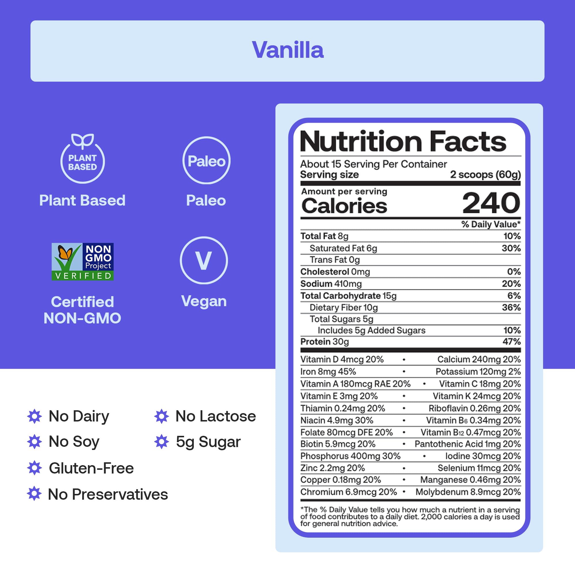 Happy Viking vanilla powder being poured showcases smooth texture in dairy-free smoothies.
