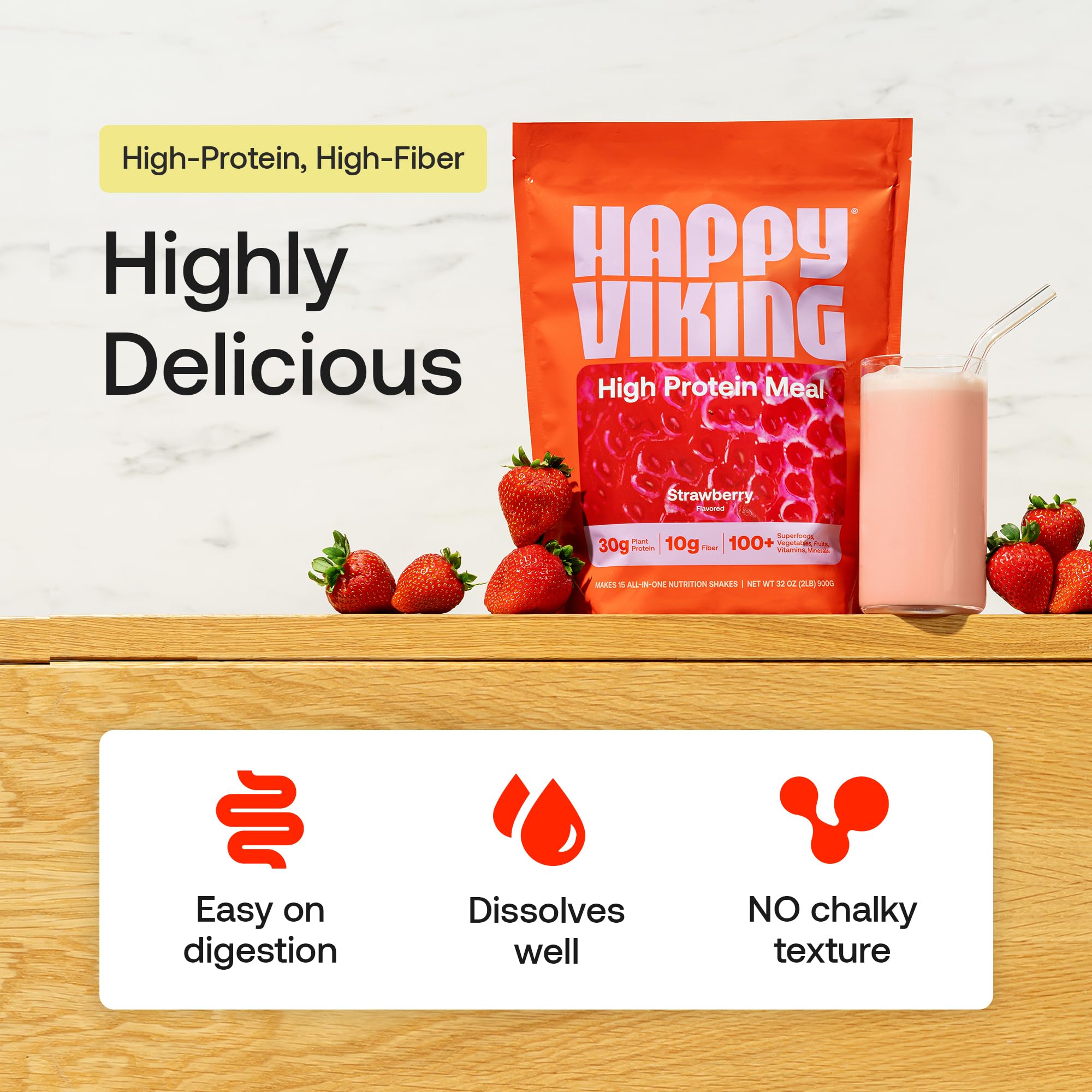 Happy Viking plant-based protein shake glass with creamy strawberry texture.