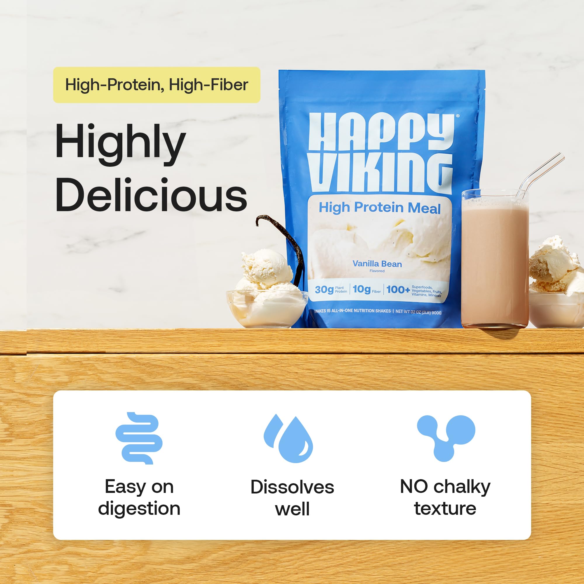 Happy Viking vanilla protein powder scoop shows convenient serving for meal replacement.