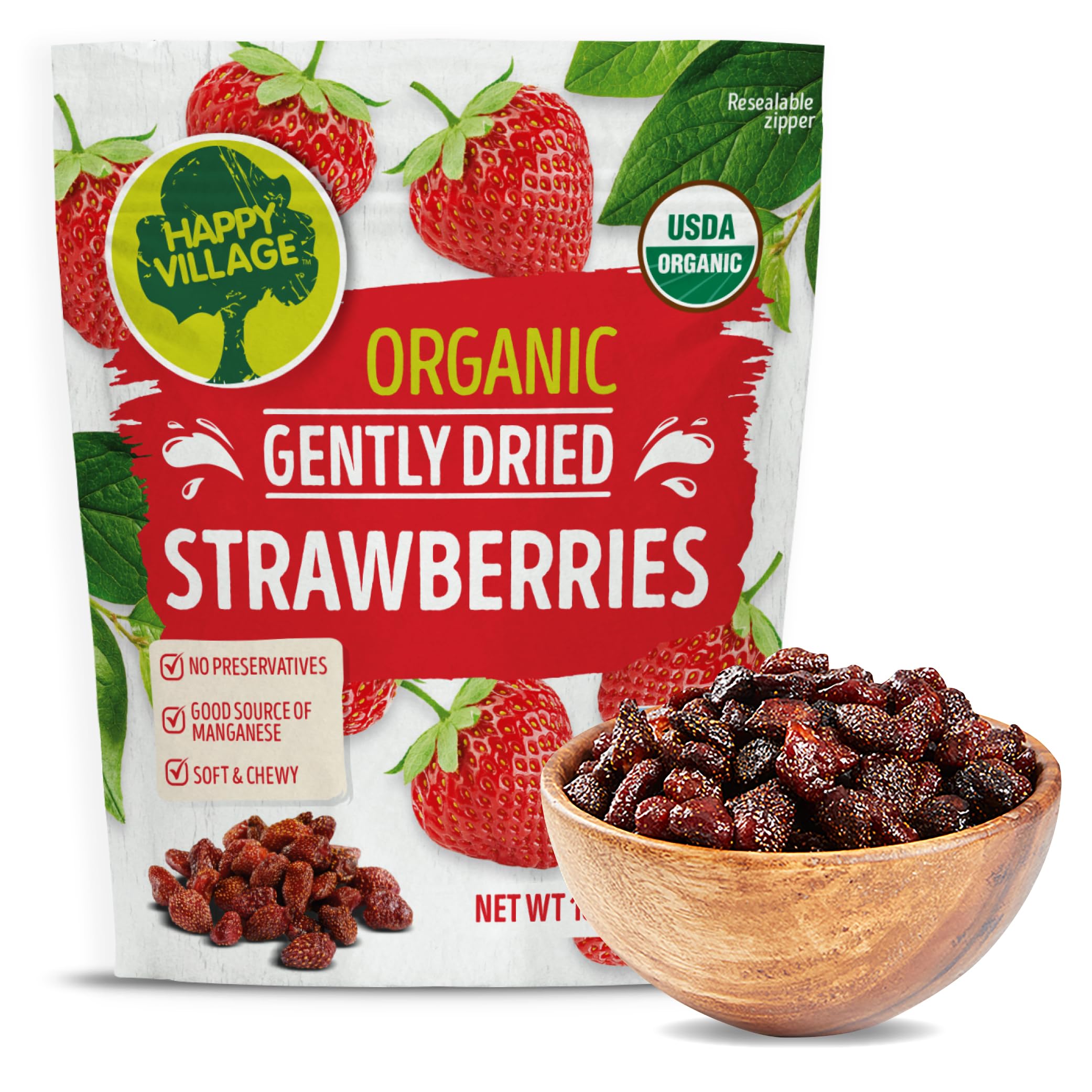 Happy Village organic dried strawberries in a resealable bag, ready for snacking