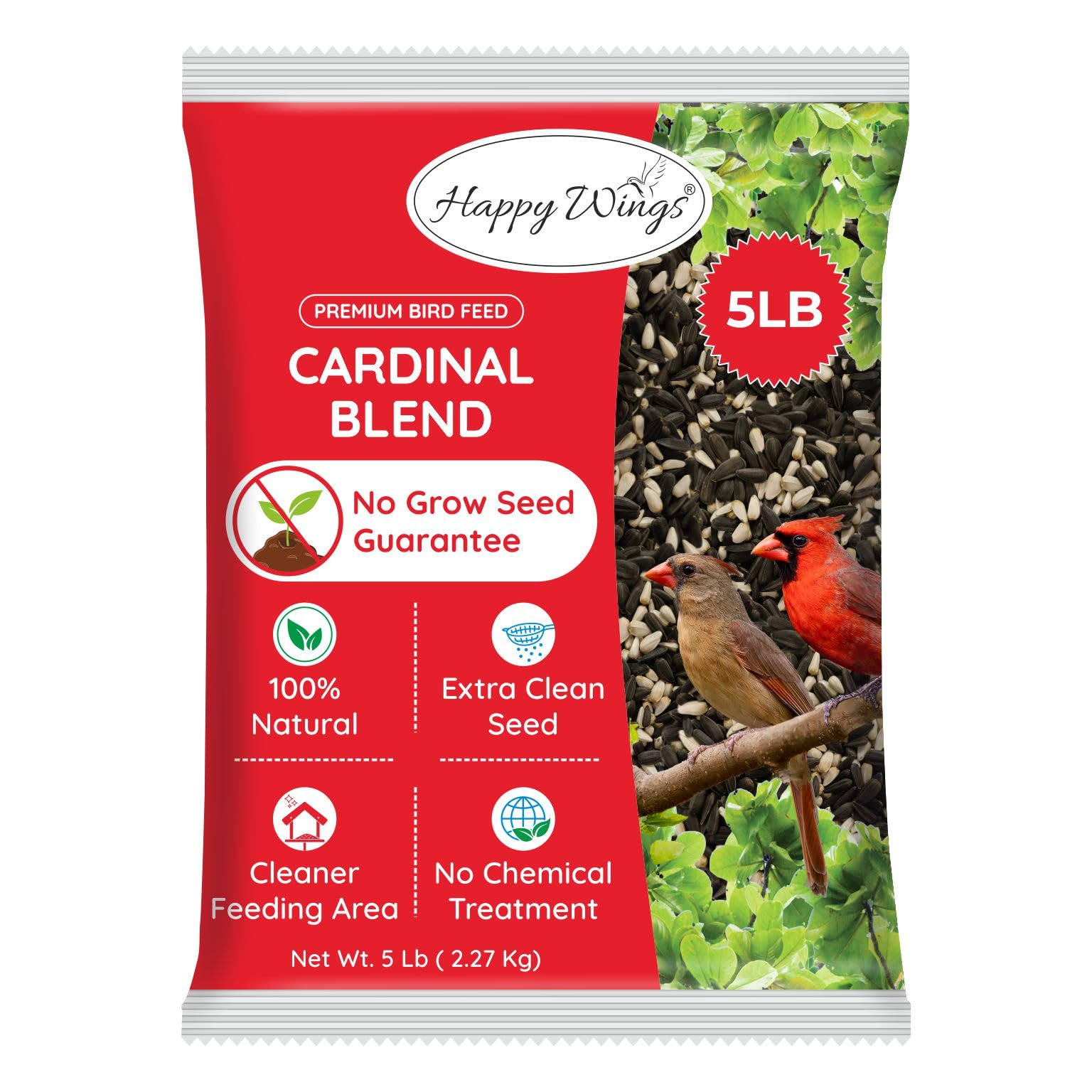 Happy Wings Cardinal Blend seeds in a bird feeder attract multiple songbirds.