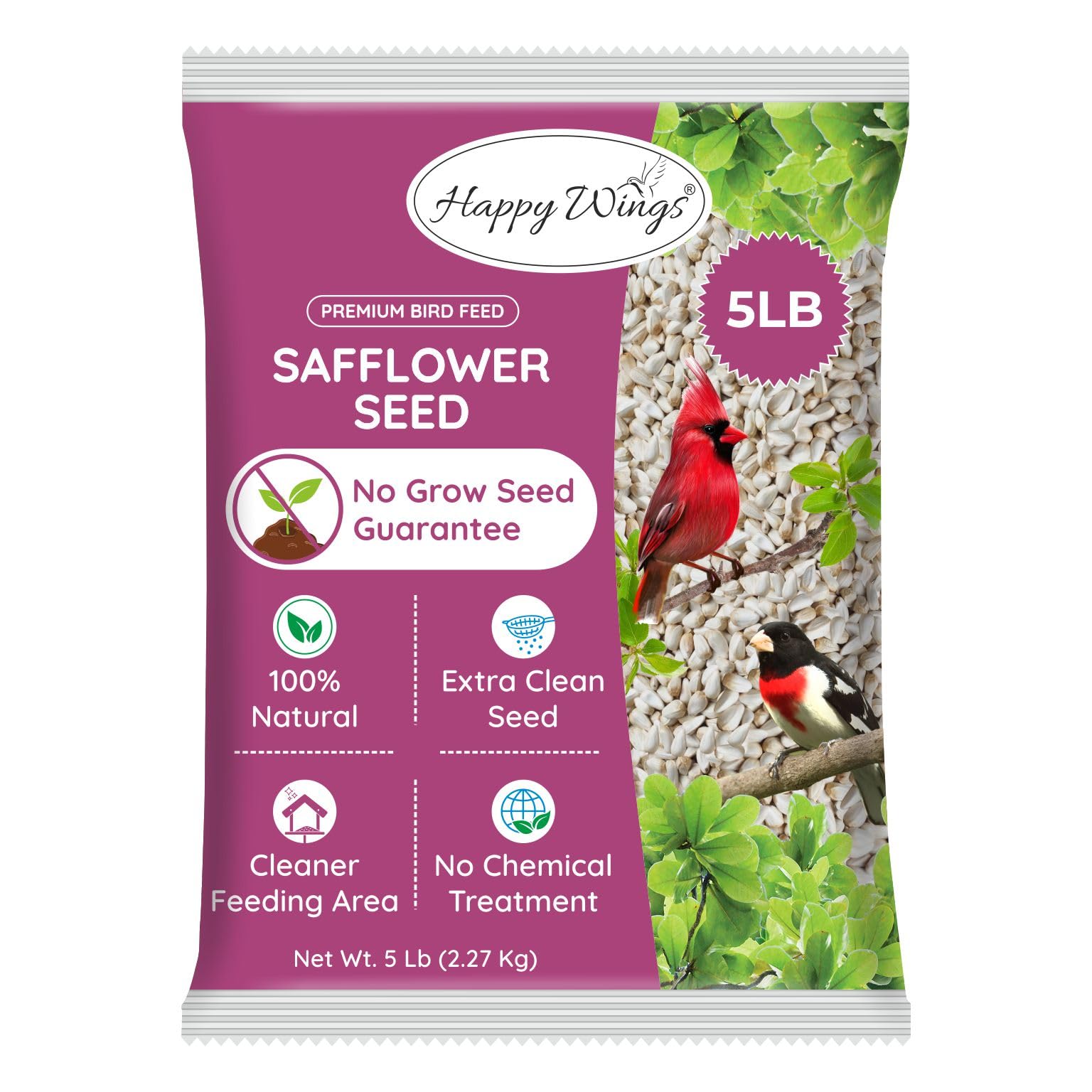 Happy Wings safflower seeds 5lb bag front view for year-round feeding.