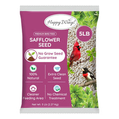 Happy Wings safflower seeds 5lb bag front view for year-round feeding.