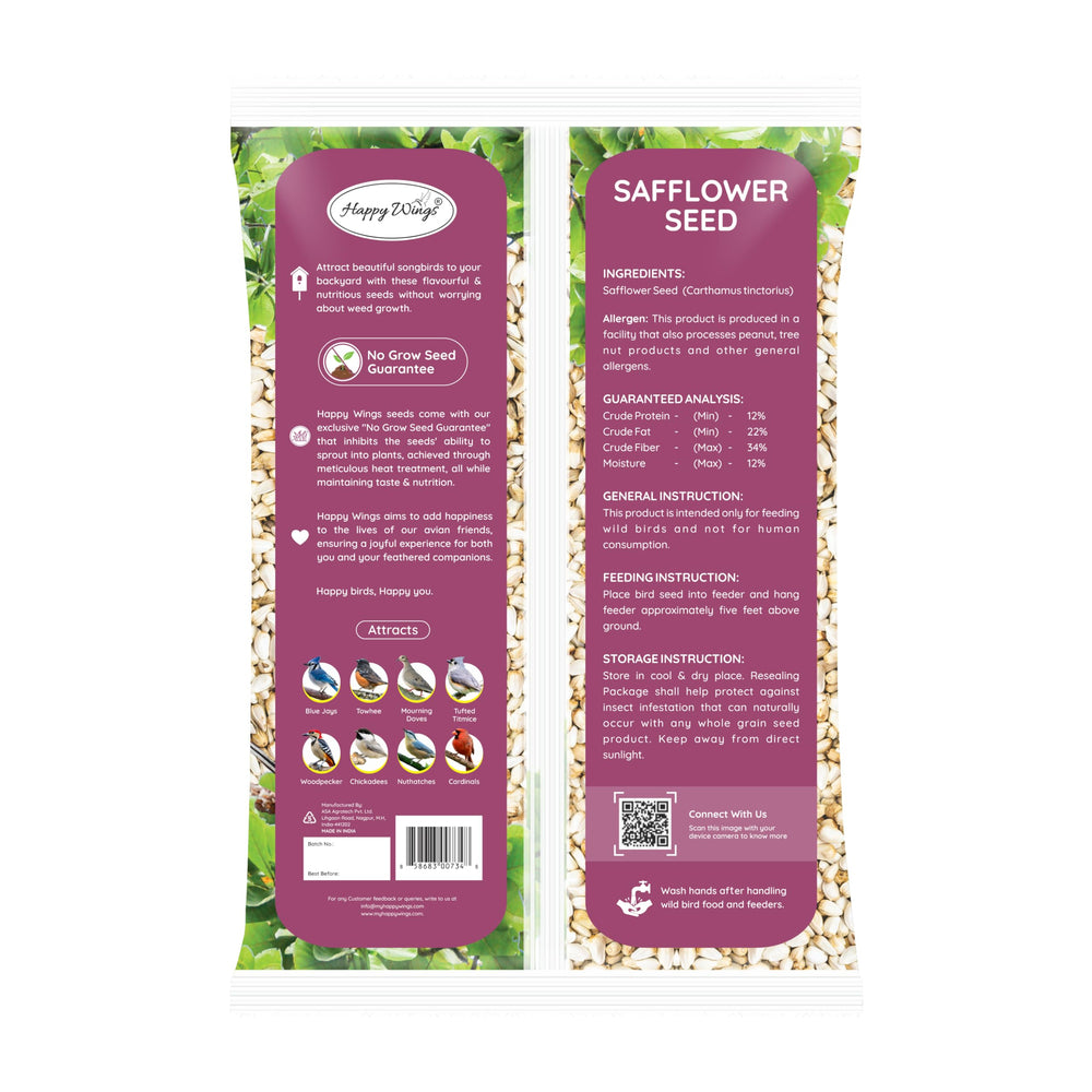 Happy Wings safflower seeds no-grow seed feature, designed to keep yards tidy.