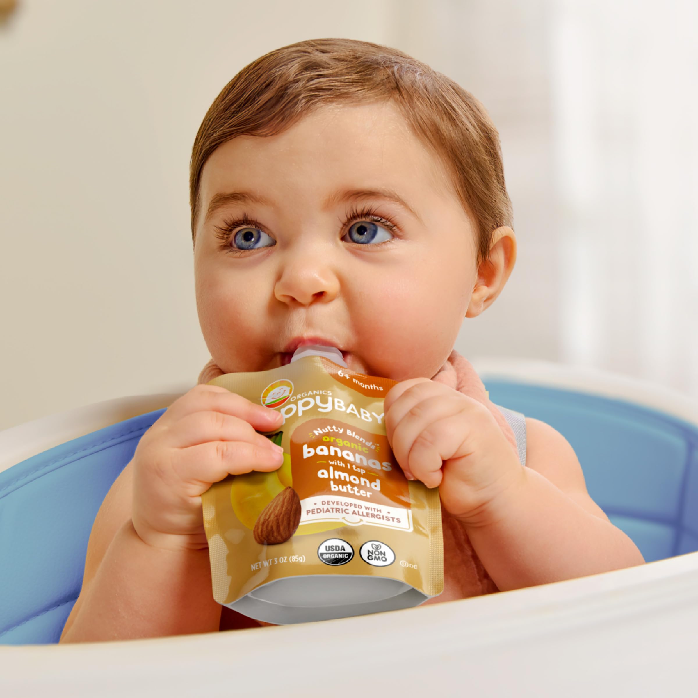 Happy Baby Nutty Blends pouch detail showing 1g nut protein