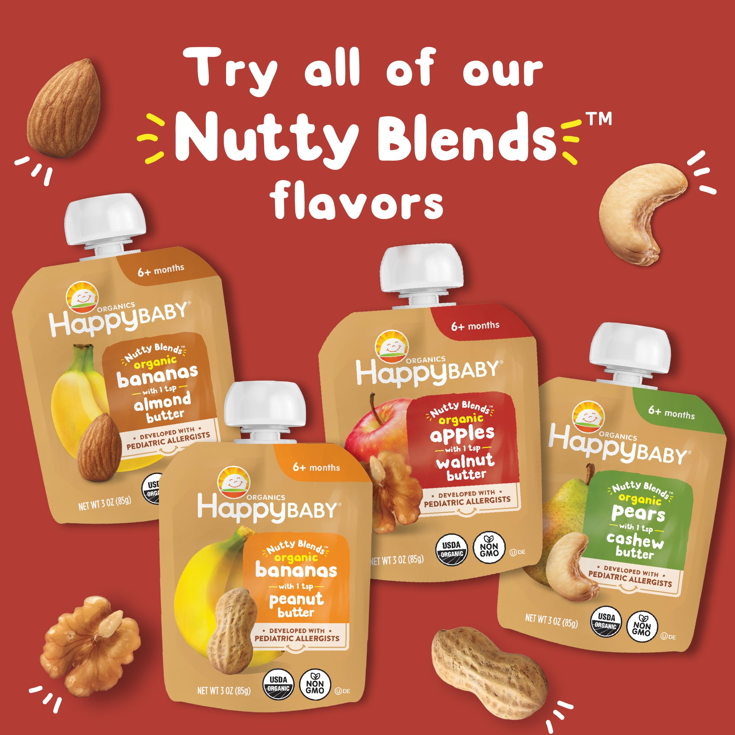 Happy Baby Nutty Blends packaging with eco-friendly emphasis