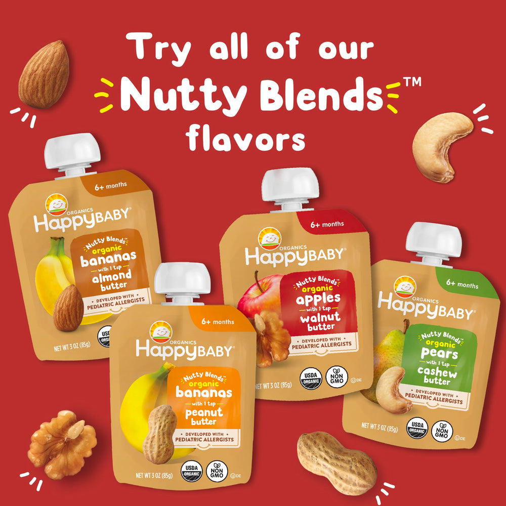 Happy Baby Nutty Blends packaging with eco-friendly emphasis