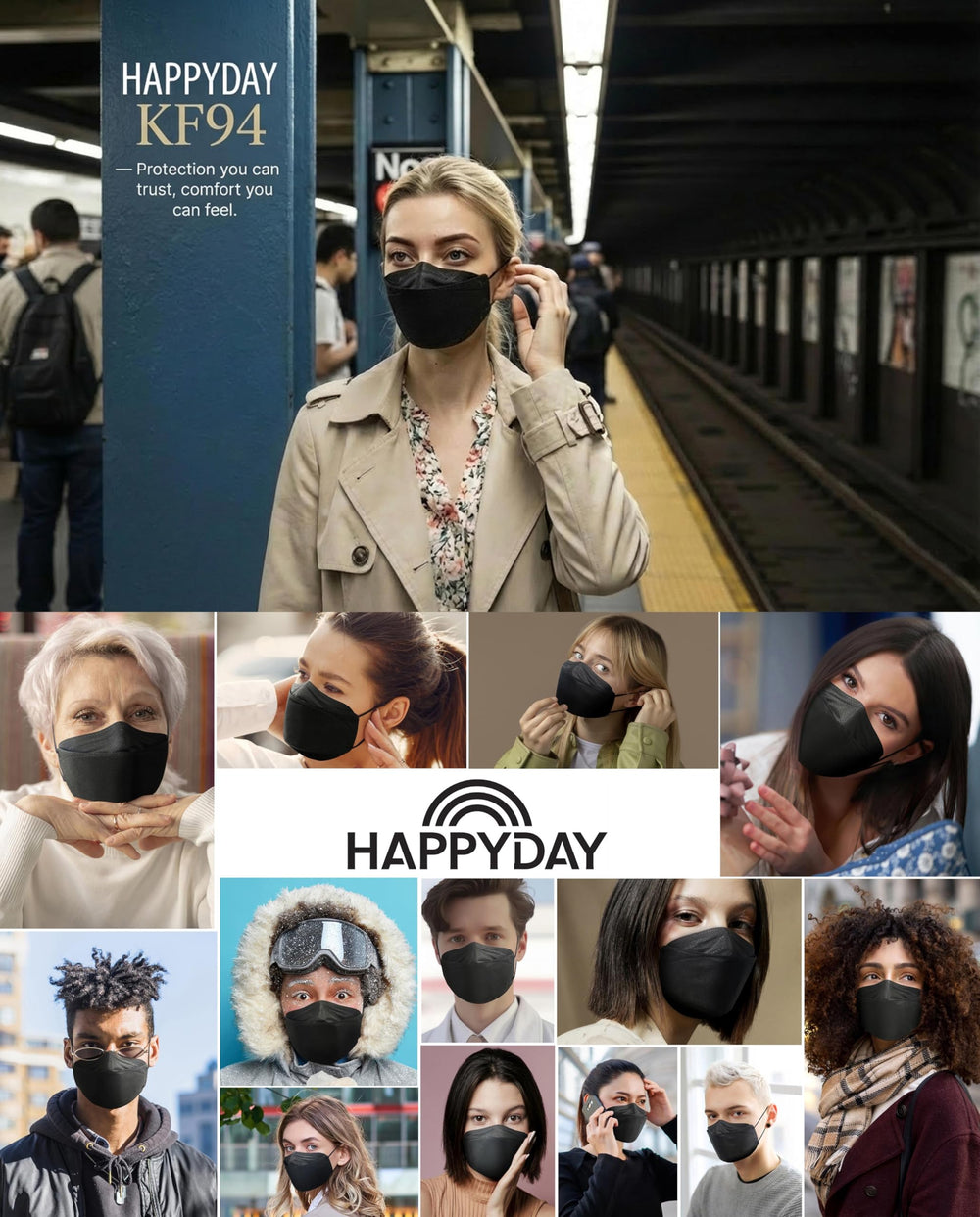 HappyDay KF94 mask packaging back highlights certification and trusted quality.