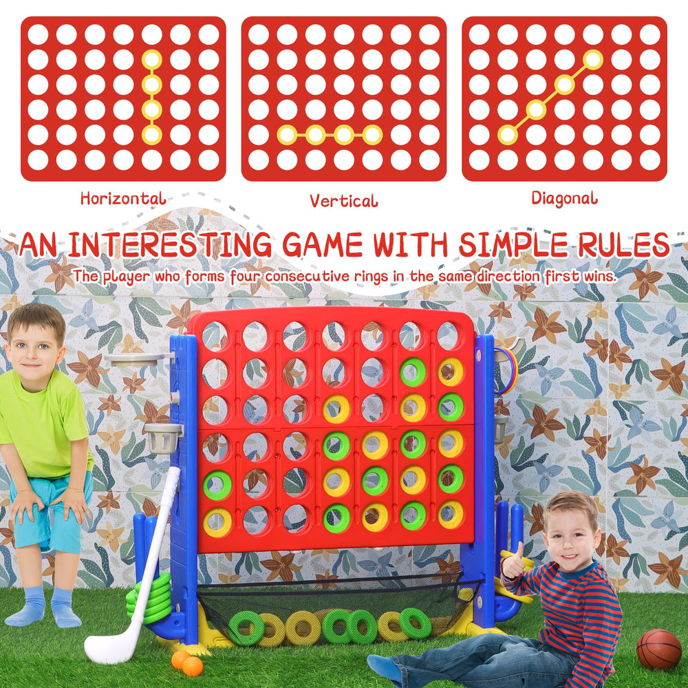 HAPPYMATY four-games-in-one offers varied play like golf, basketball, ring toss, and Connect 4.