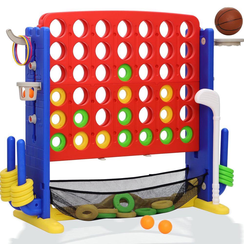 HAPPYMATY Giant 4-in-a-Row setup boosts family backyard play.