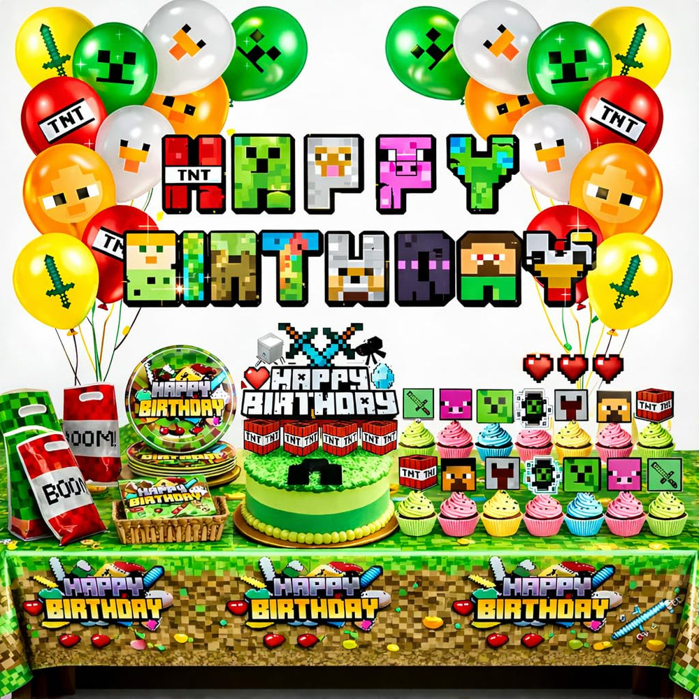 HappySet Pixel banner enhances Minecraft-inspired party decor and photos.