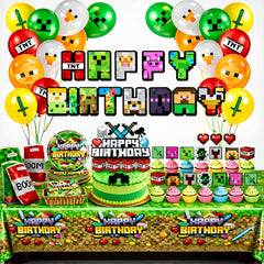HappySet Pixel banner enhances Minecraft-inspired party decor and photos.