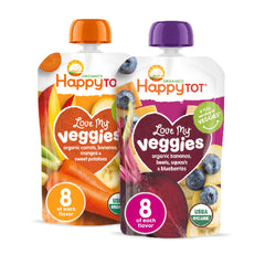 HAPPYTOT Love My Veggies variety pack on shelf, convenient toddler snack.