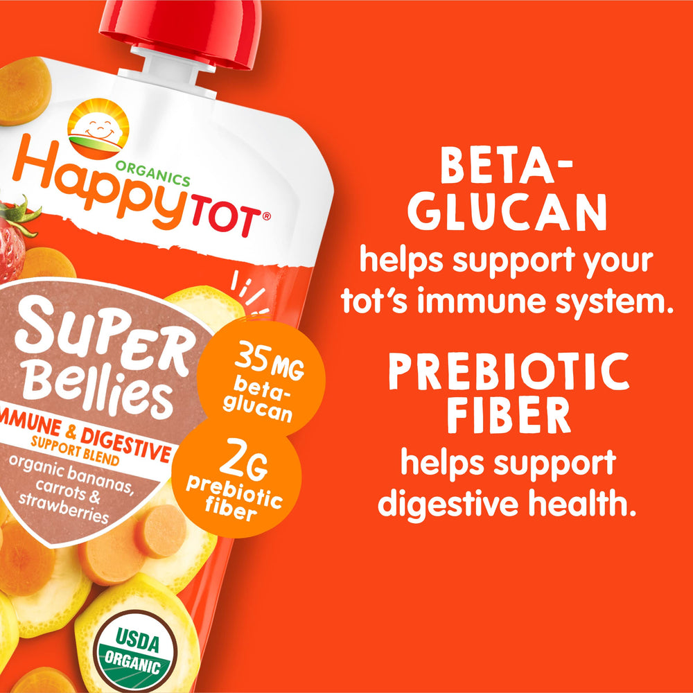 HAPPYTOT Stage 4 banana carrot strawberry visual highlights natural flavors.