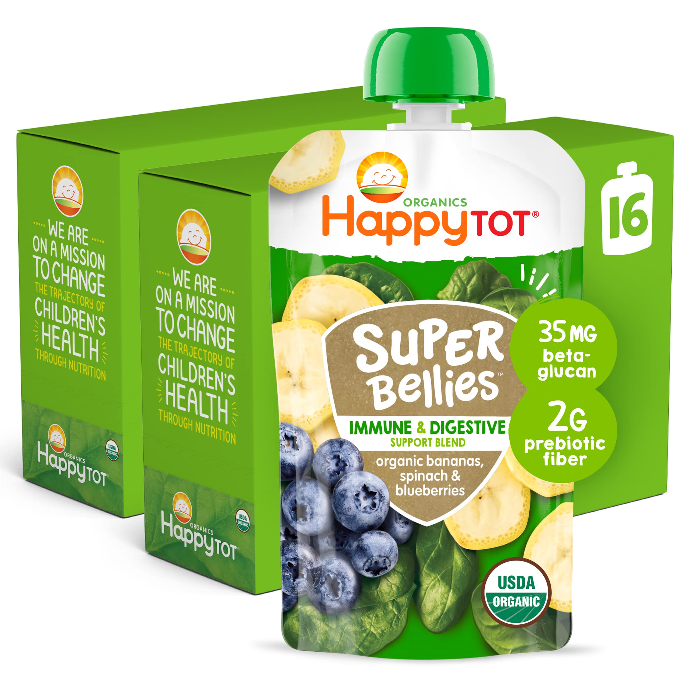 HAPPYTOT Organics Stage 4 banana-spinach-blueberries pouch front for on-the-go nourishment