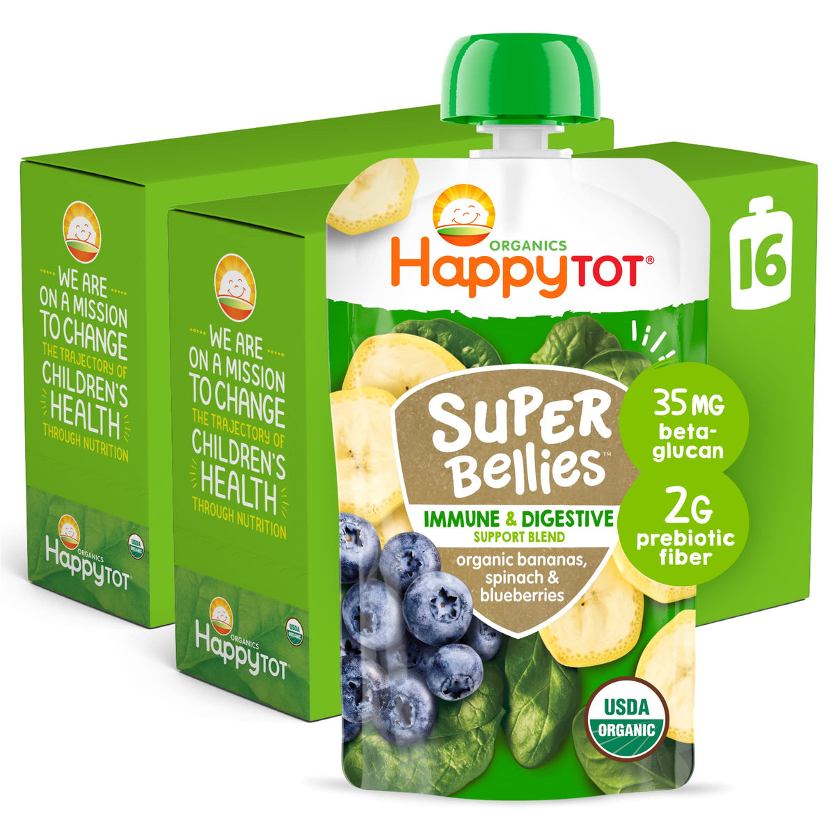 HAPPYTOT Organics Stage 4 banana-spinach-blueberries pouch front for on-the-go nourishment