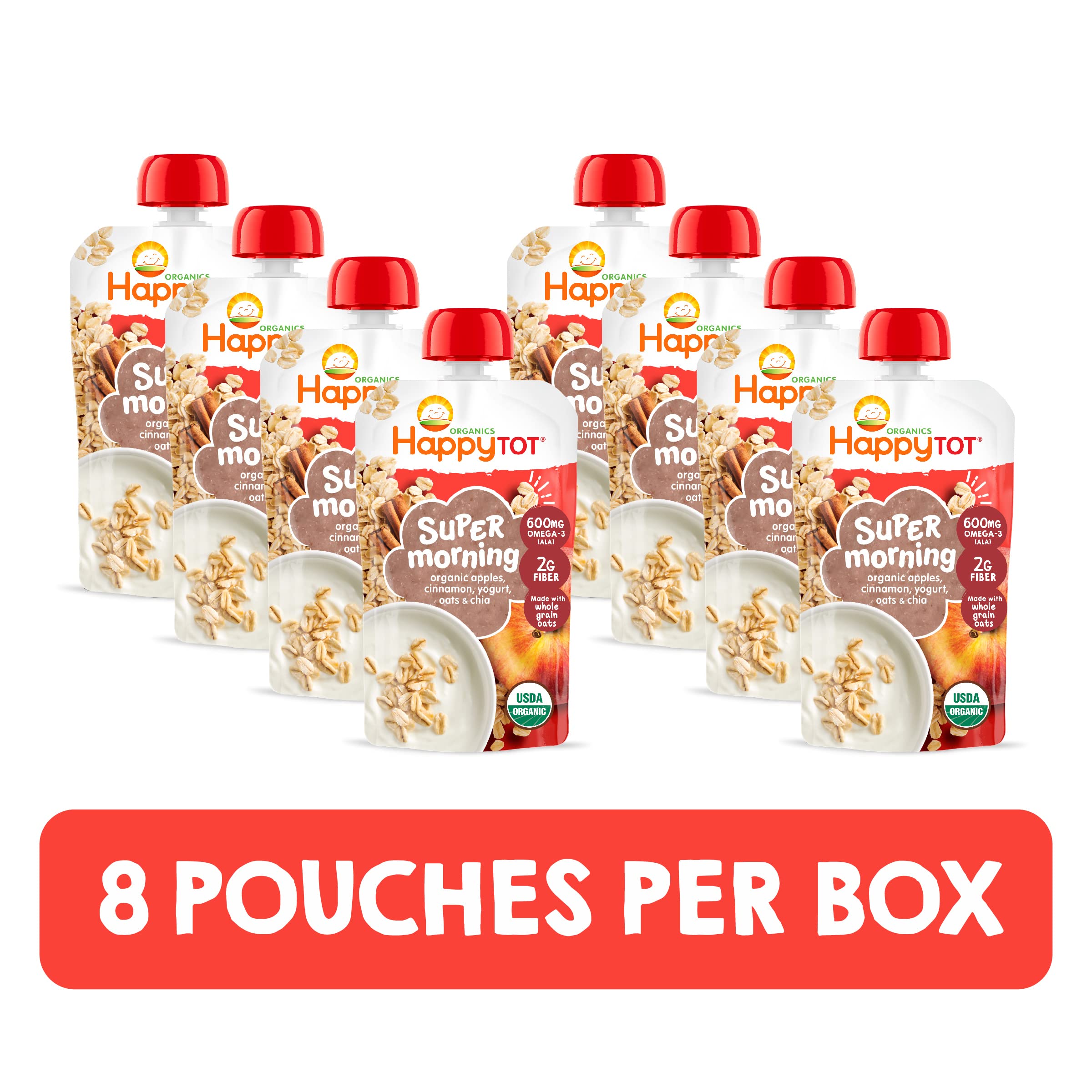 HAPPYTOT Stage 4 oats and fruit fiber pouch highlighting fiber and omega-3s for toddlers.