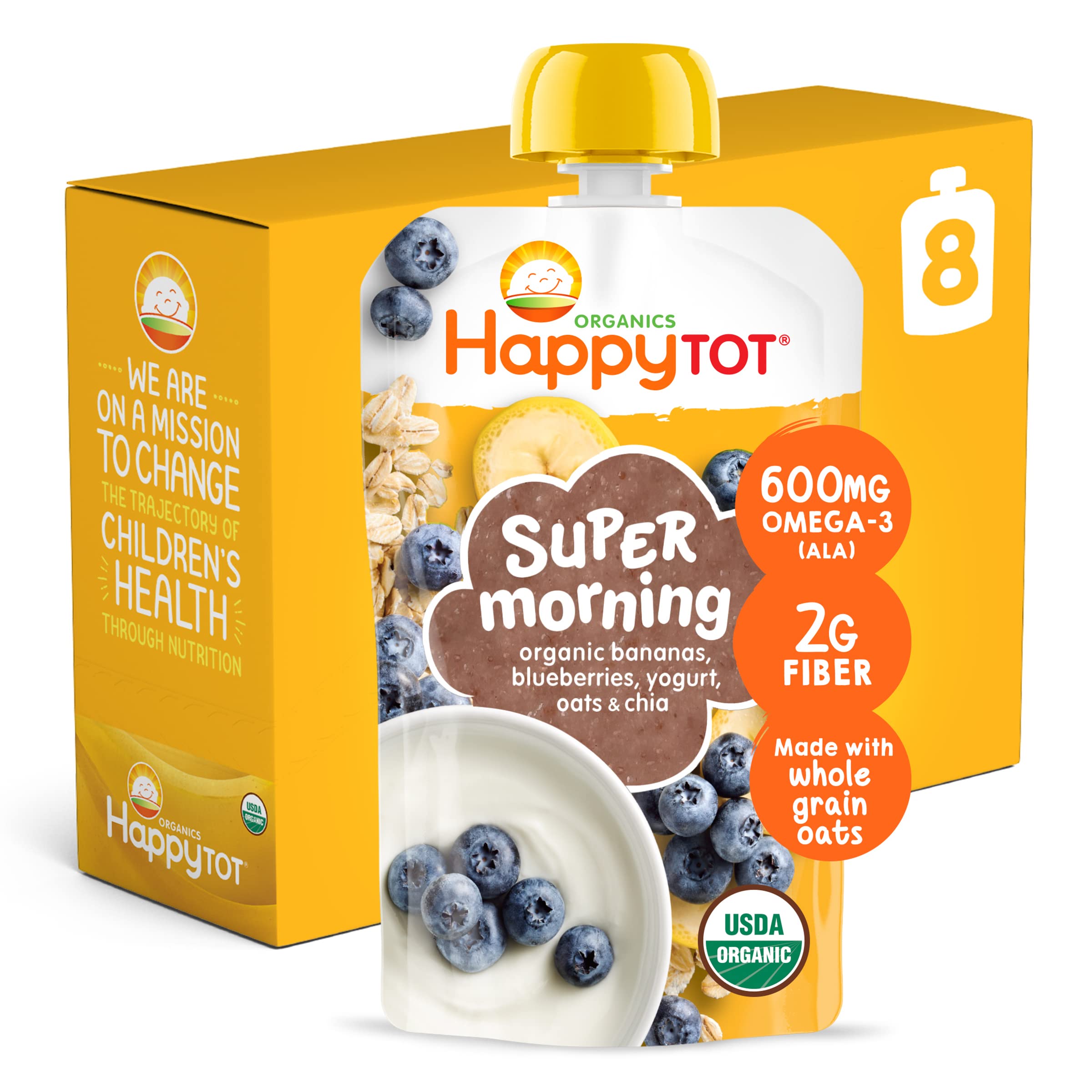 HAPPYTOT Stage 4 pouch with bananas and blueberries; fiber-rich breakfast on the go.