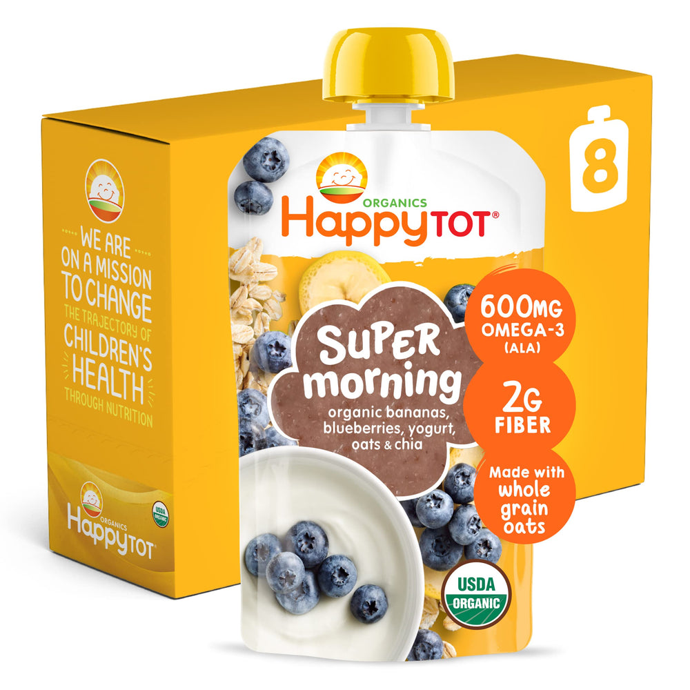 HAPPYTOT Stage 4 pouch with bananas and blueberries; fiber-rich breakfast on the go.