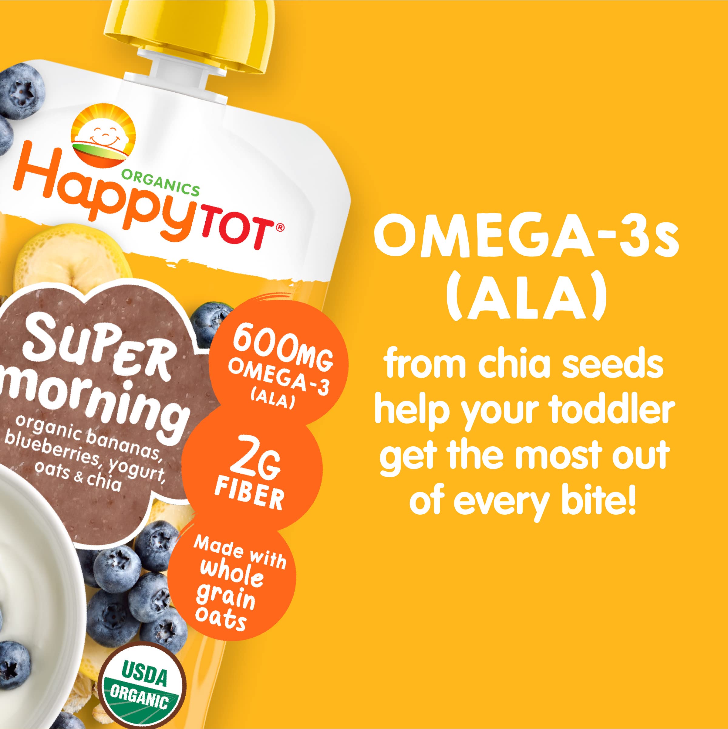 HAPPYTOT Stage 4 pouch label close-up; organic, non-GMO ingredients.