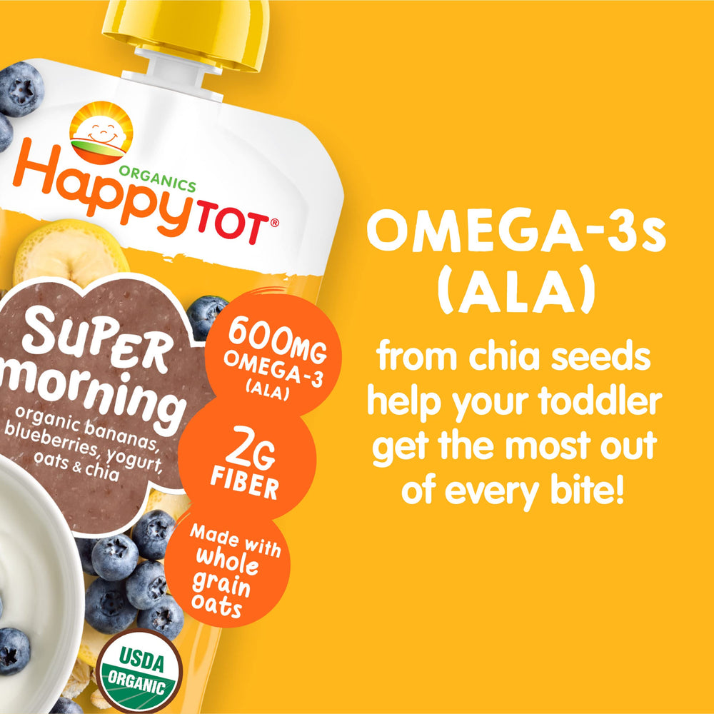 HAPPYTOT Stage 4 pouch label close-up; organic, non-GMO ingredients.