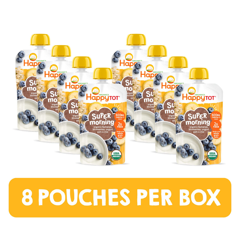 HAPPYTOT Organics Stage 4 fruit medley pouch; gluten-free toddler snack.