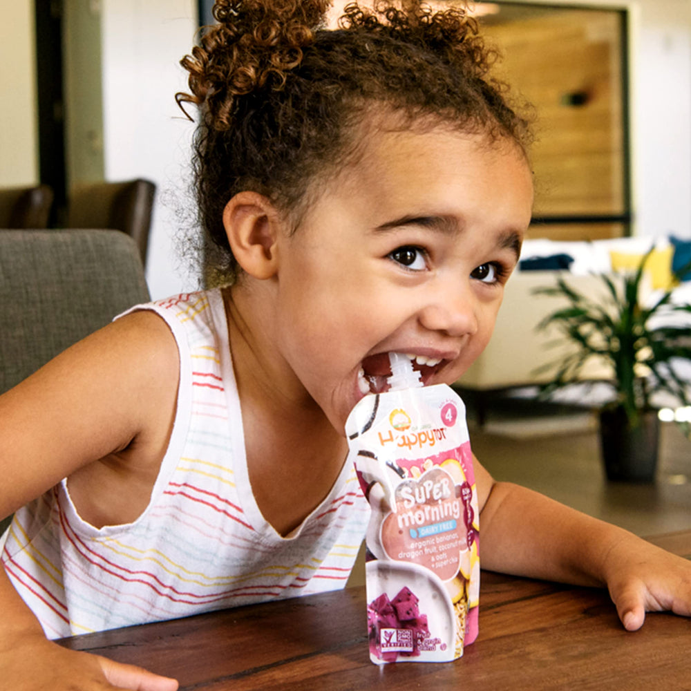 HAPPYTOT 8-pack display; easy grab-and-go meals for busy families.