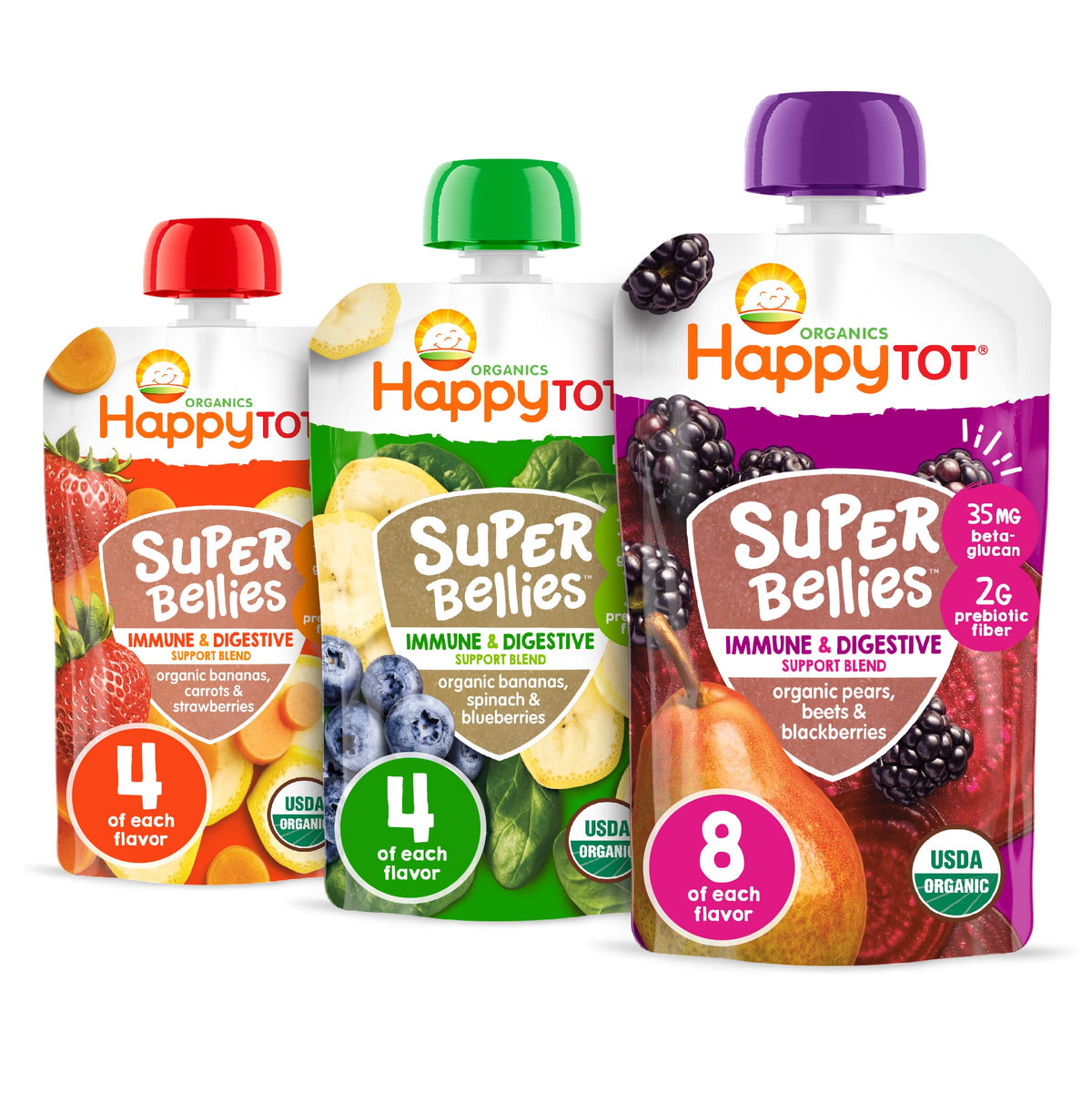 HAPPYTOT Organics Stage 4 pouch with fruit-veggie puree for growing toddlers.