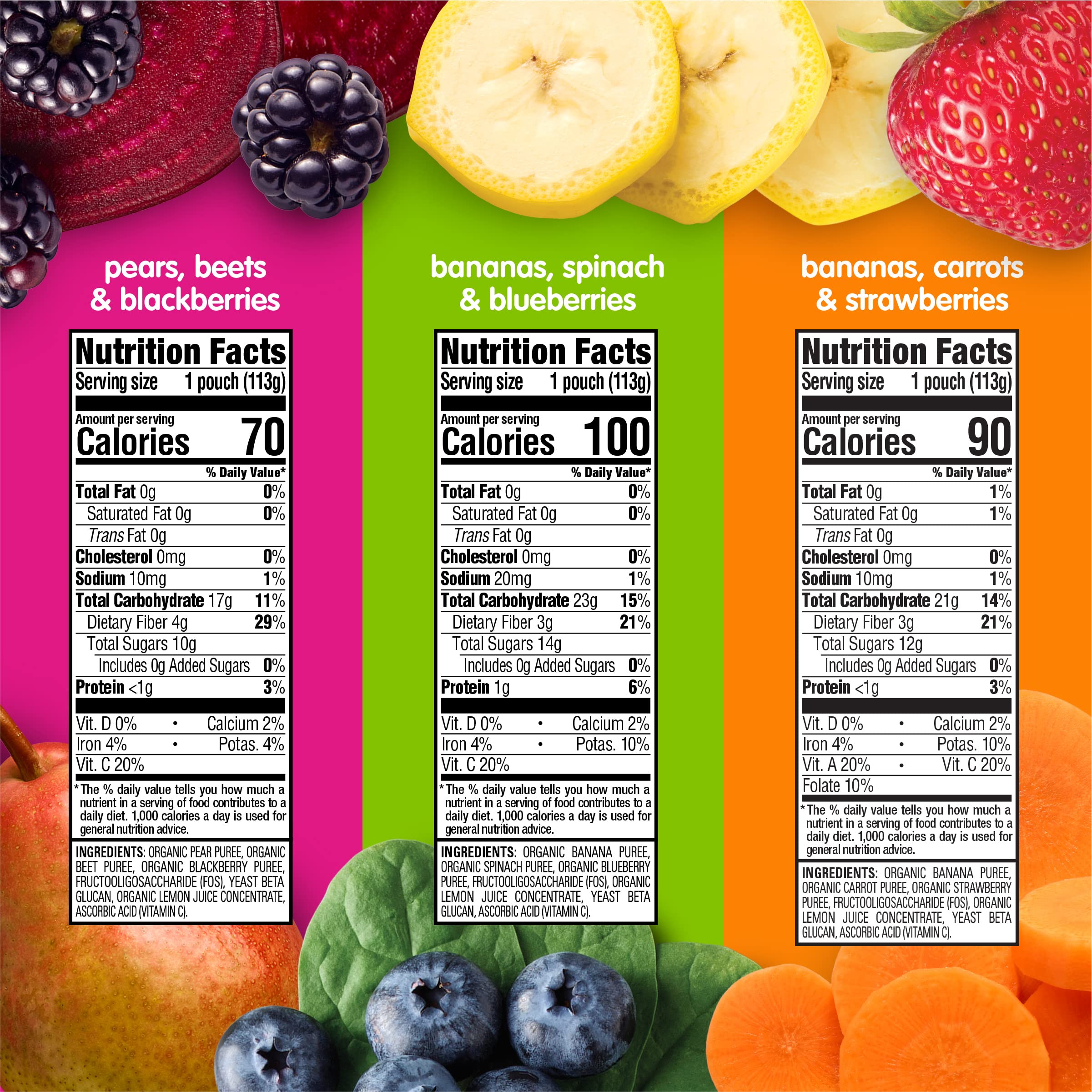 HAPPYTOT Organics Stage 4 pouch highlights beta-glucan for immune-supporting nutrition.