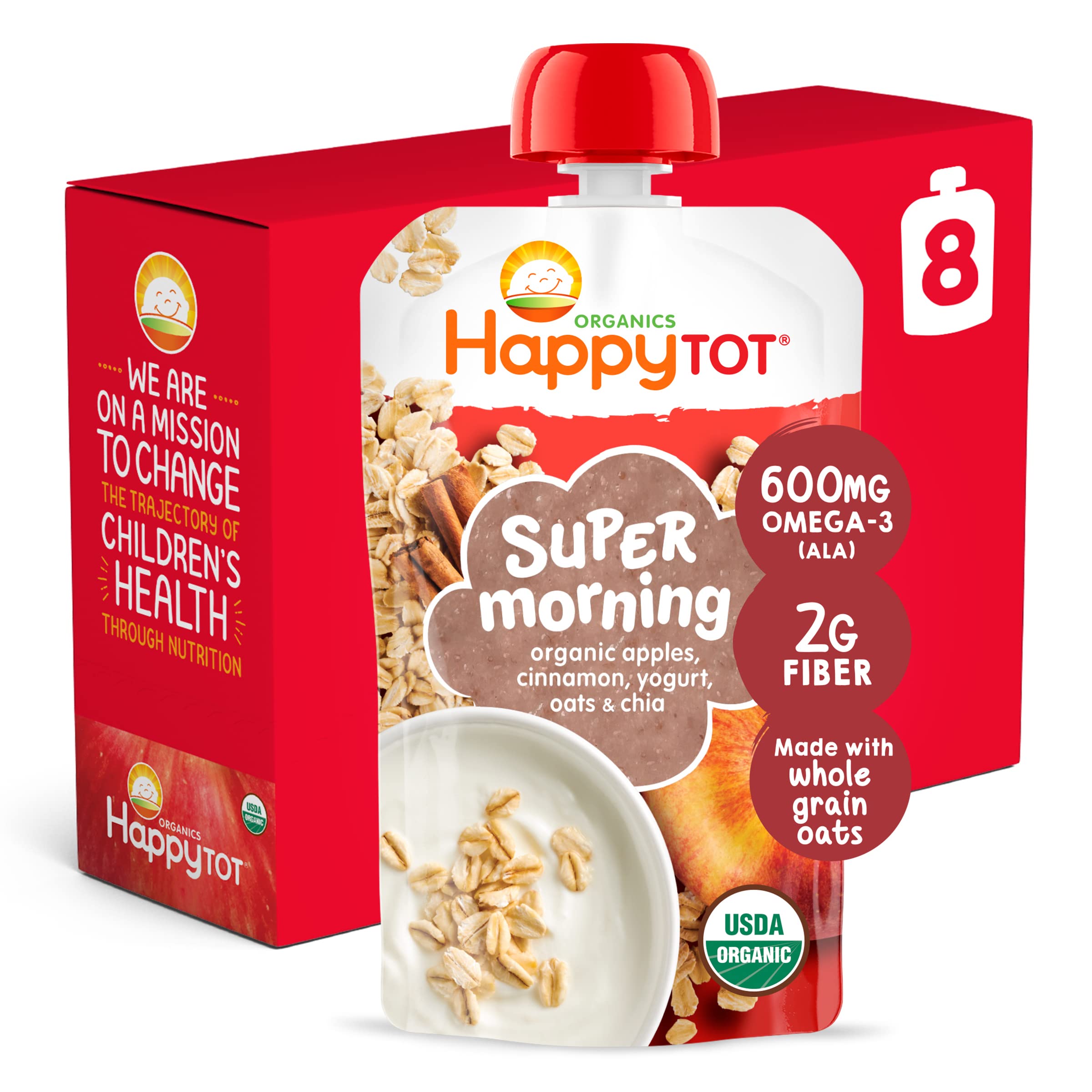 HAPPYTOT Stage 4 Super Morning pouch with apple and oats for a quick breakfast.