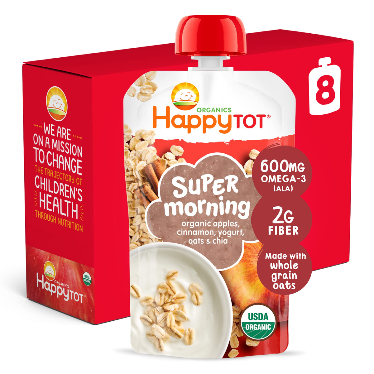 HAPPYTOT Stage 4 Super Morning pouch with apple and oats for a quick breakfast.