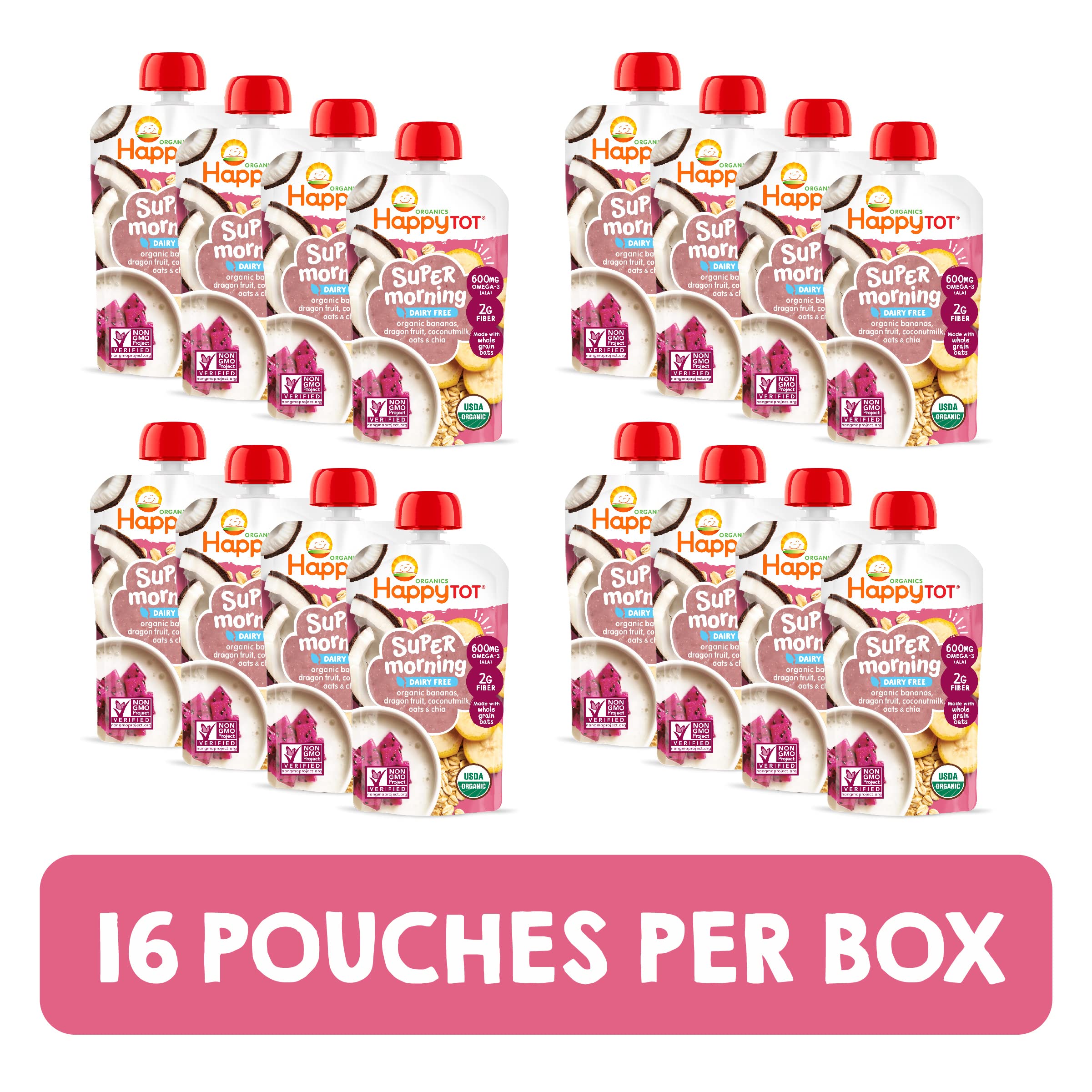 HAPPYTOT organic Stage 4 pouch demonstrates gluten-free and dairy-free suitability