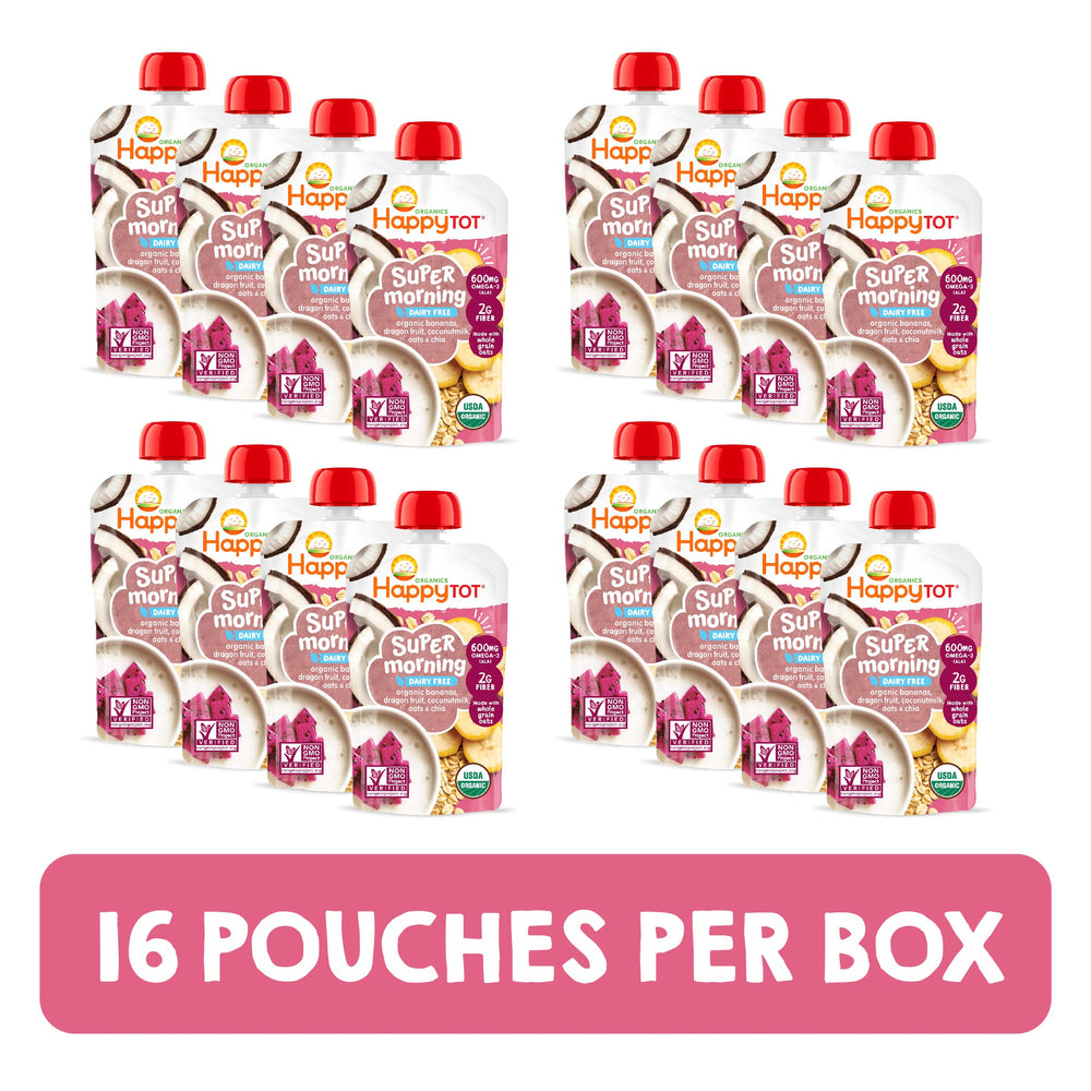 HAPPYTOT organic Stage 4 pouch demonstrates gluten-free and dairy-free suitability